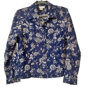 Coldwater Creek Linen Blend Women's Blue and White Floral Blazer Jacket Medium